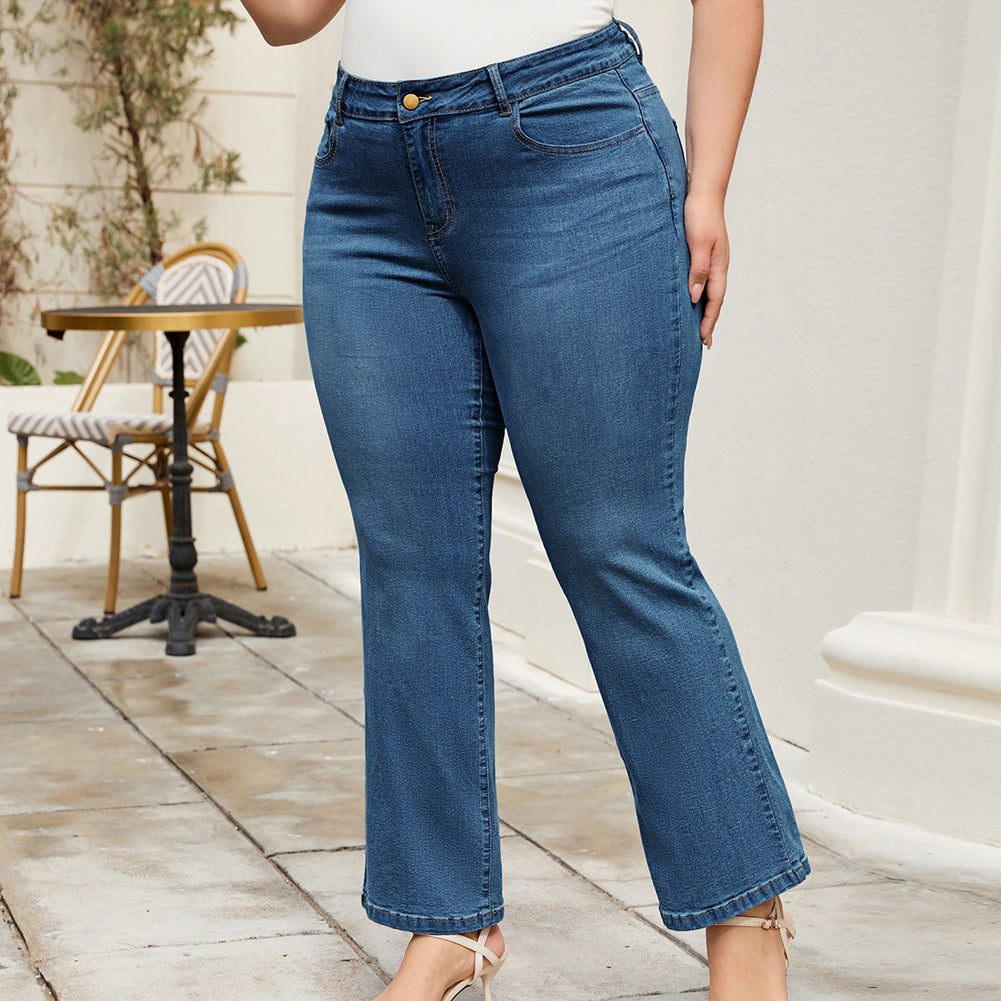 HN Women Plus Size Flared Bottoms High Waist Multi-Pocket Jean Pants Jeans