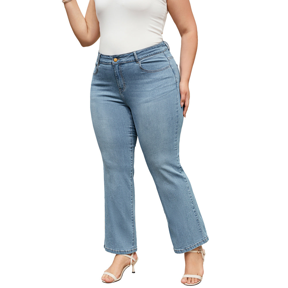 HN Women Plus Size Flared Bottoms High Waist Multi-Pocket Jean Pants Jeans
