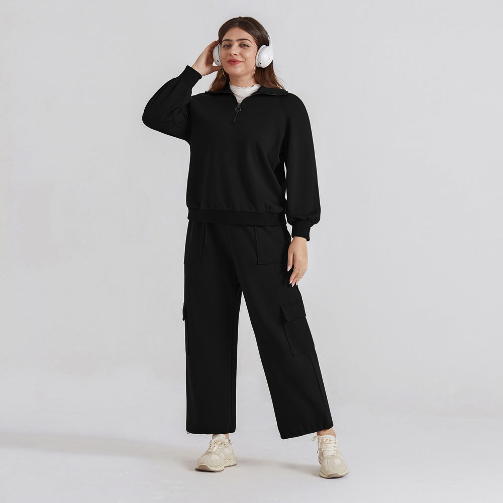HN Women Plus Size 2pcs Set Outfits Casual Lapel Collar Tops+Wide-Leg Pants
