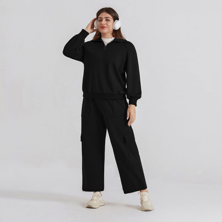 HN Women Plus Size 2pcs Set Outfits Casual Lapel Collar Tops+Wide-Leg Pants
