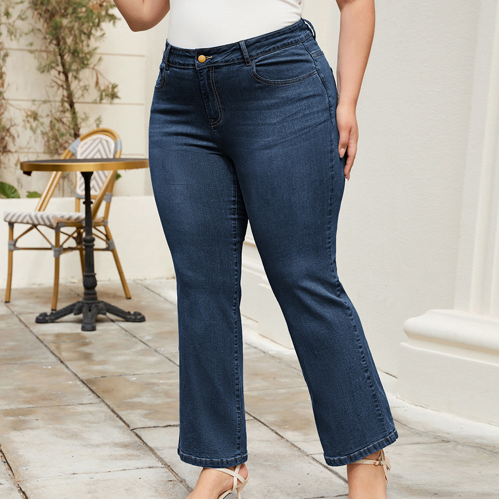 HN Women Plus Size Flared Bottoms High Waist Multi-Pocket Jean Pants Jeans