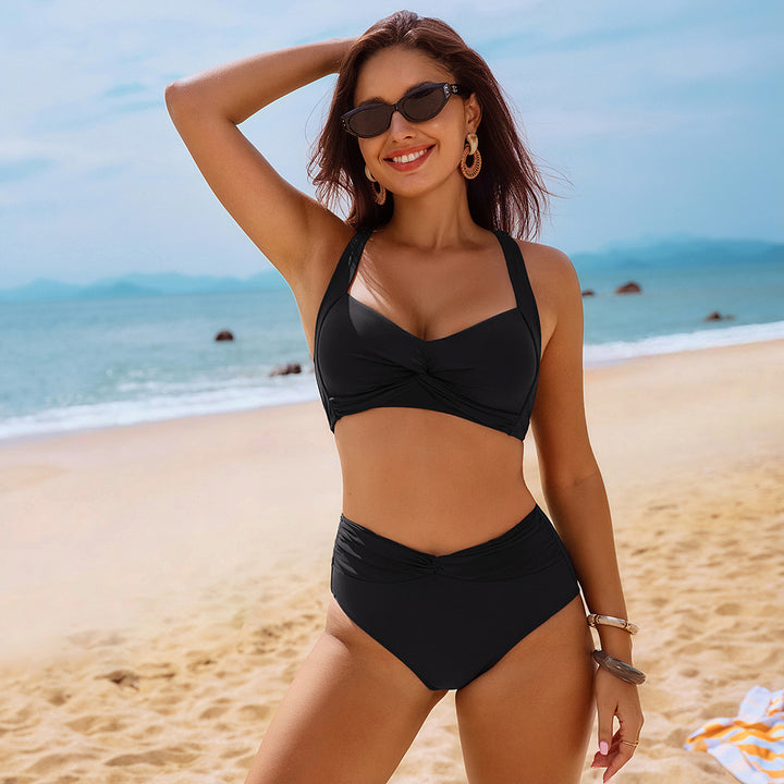 HN Women Knotted Design Swimsuit Cross-Back Padded Swim Tops+Briefs Swimwear