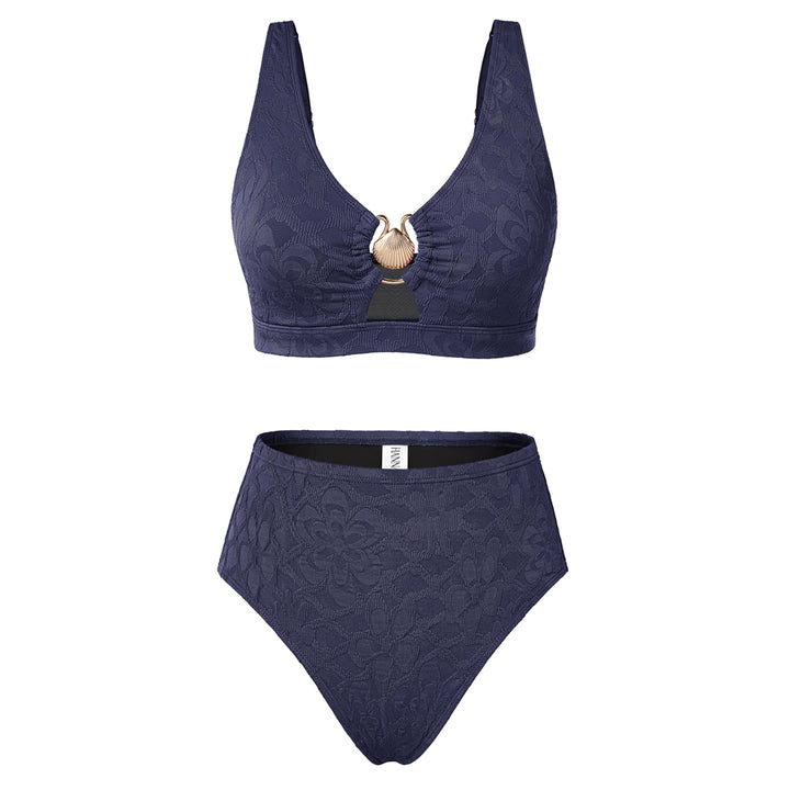 Hanna Nikole Women High Waisted Bikini Sets, 2 Piece Swimsuits Tummy Control, Textured Bathing Suit, Metal Cutout Swimwear