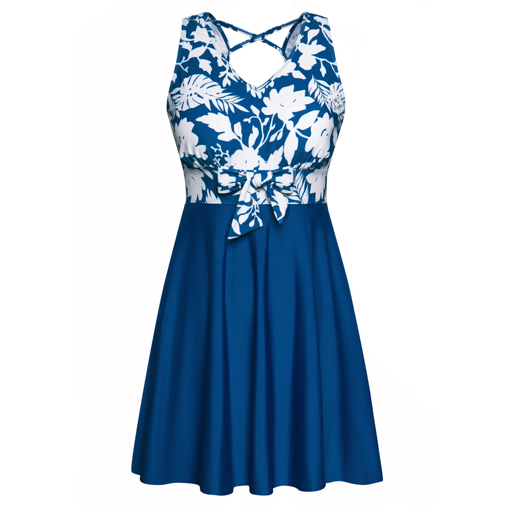 Women Separated Swimsuit Sleeveless V-Neck Swim Dress+Briefs Swimwear