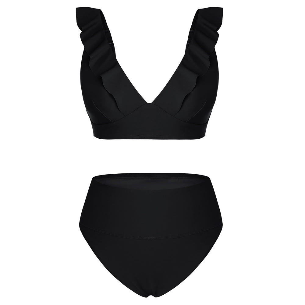 HN Women 2pcs Set Swimsuit Plunging V-Neck Padded Swim Tops+High Waist Briefs