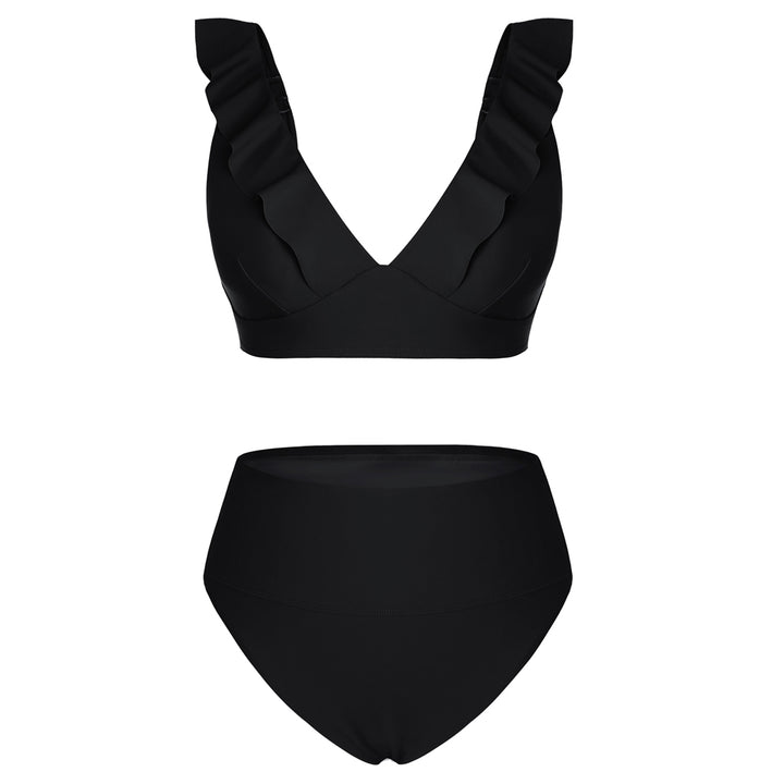 HN Women 2pcs Set Swimsuit Plunging V-Neck Padded Swim Tops+High Waist Briefs