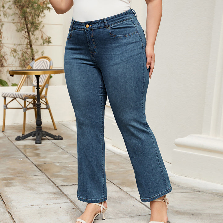 HN Women Plus Size Flared Bottoms High Waist Multi-Pocket Jean Pants Jeans