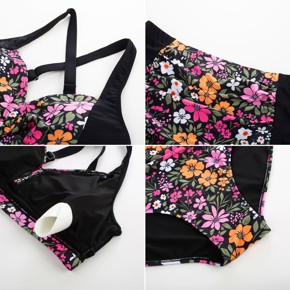 HN Women Contrast Color Swimsuit Knotted Bodice Padded Swim Tops+Ruched Briefs