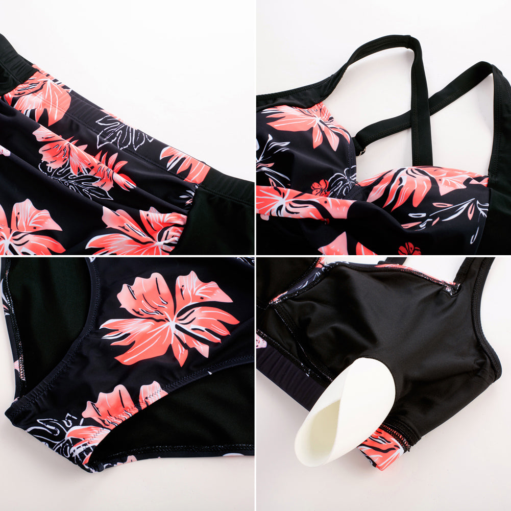 HN Women Contrast Color Swimsuit Knotted Bodice Padded Swim Tops+Ruched Briefs