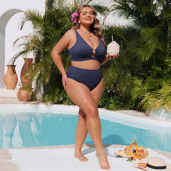 Hanna Nikole Women High Waisted Bikini Sets, 2 Piece Swimsuits Tummy Control, Textured Bathing Suit, Metal Cutout Swimwear