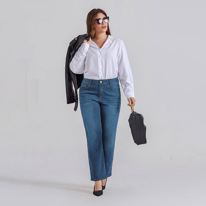 HN Women Plus Size Flared Bottoms High Waist Multi-Pocket Jean Pants Jeans