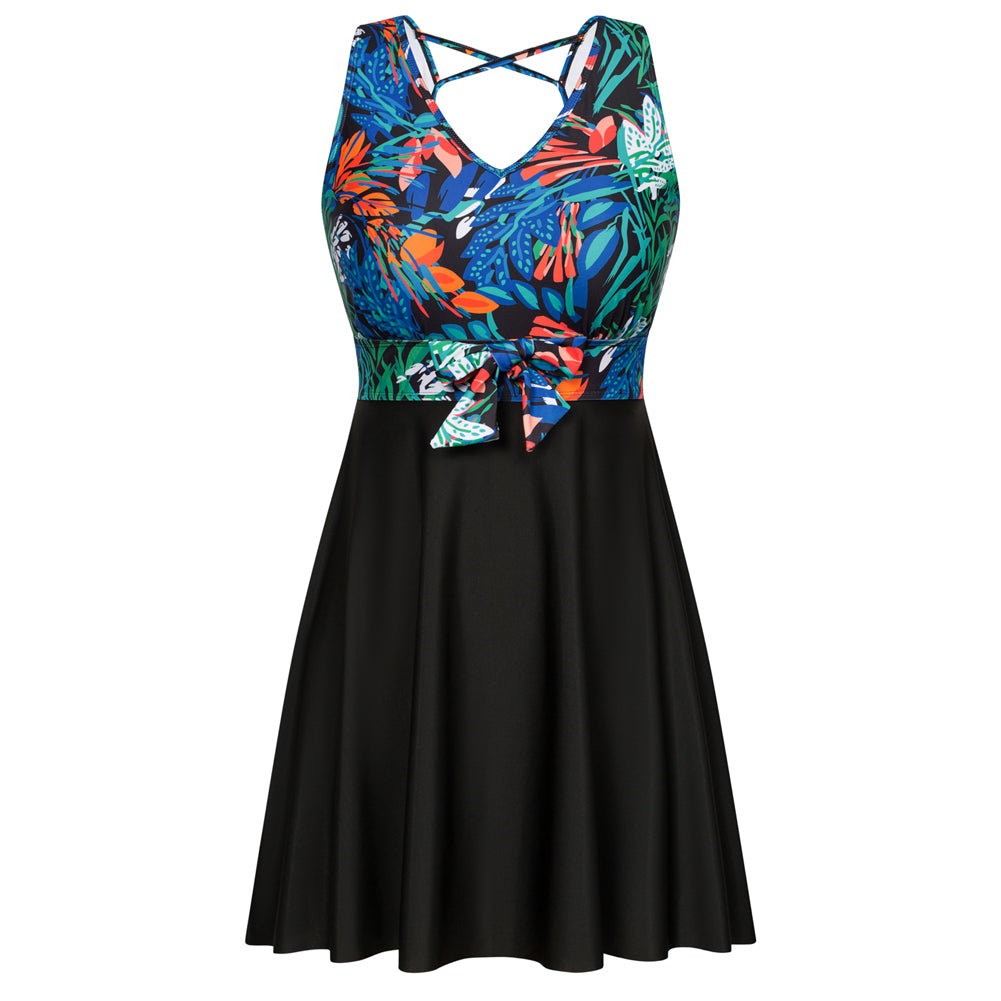 KK Women Separated Swimsuit Sleeveless V-Neck Swim Dress+Briefs Swimwear