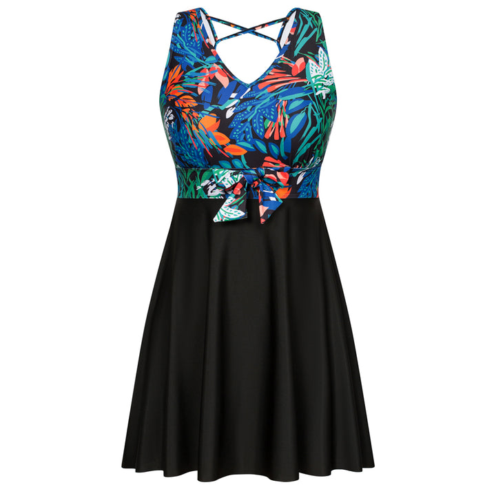 KK Women Separated Swimsuit Sleeveless V-Neck Swim Dress+Briefs Swimwear