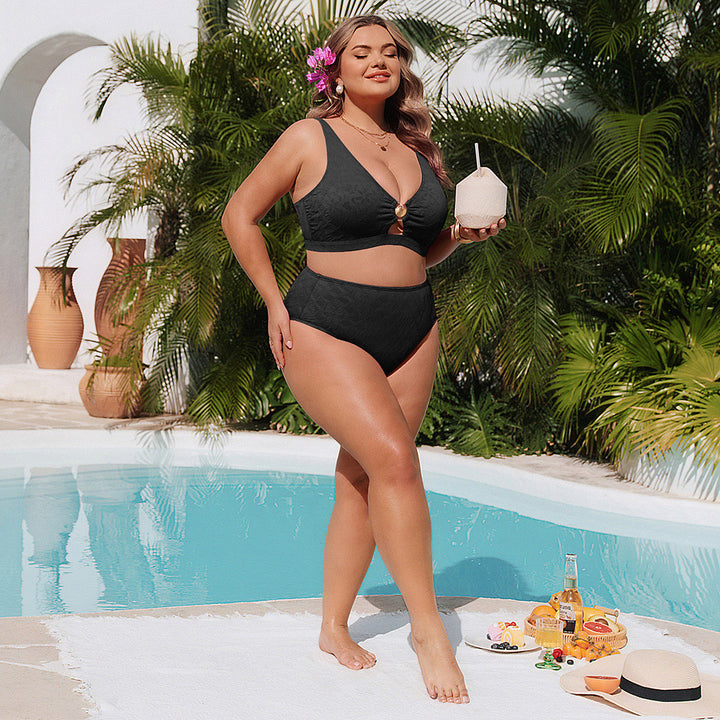 Hanna Nikole Women High Waisted Bikini Sets, 2 Piece Swimsuits Tummy Control, Textured Bathing Suit, Metal Cutout Swimwear