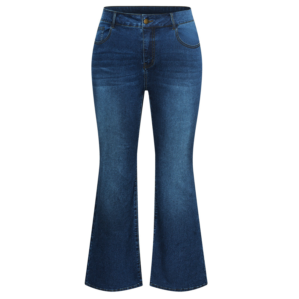 HN Women Plus Size Flared Bottoms High Waist Multi-Pocket Jean Pants Jeans