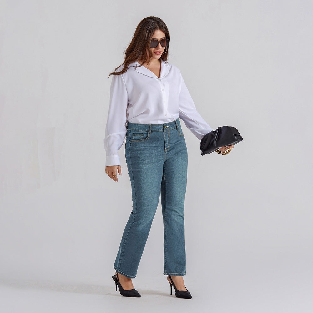HN Women Plus Size Flared Bottoms High Waist Multi-Pocket Jean Pants Jeans