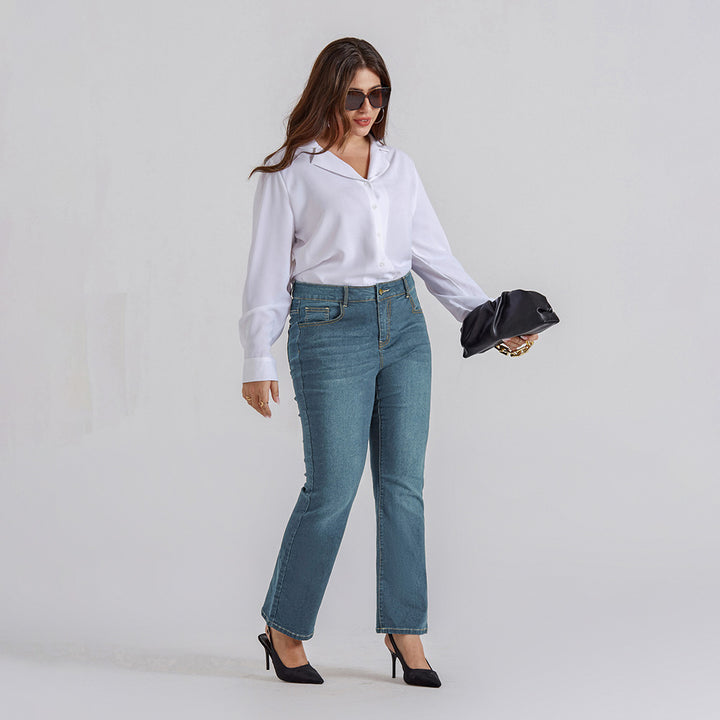 HN Women Plus Size Flared Bottoms High Waist Multi-Pocket Jean Pants Jeans