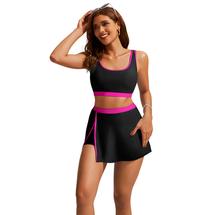 HN Women 2pcs Set Swimsuit U-Neck Padded Swim Tops+Elastic Waist Skirt Swimwear