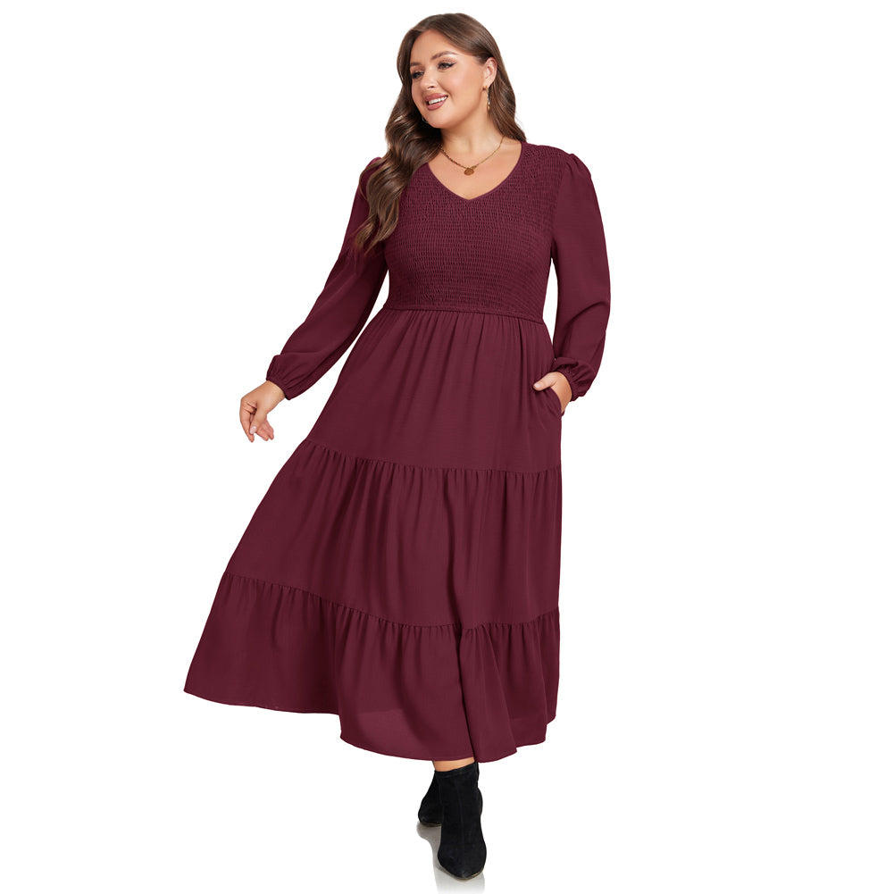 HN Women Plus Size Elastic Waist Dress Long Sleeve V-Neck Tiered A-Line Dress