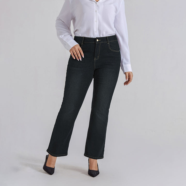 HN Women Plus Size Flared Bottoms High Waist Multi-Pocket Jean Pants Jeans