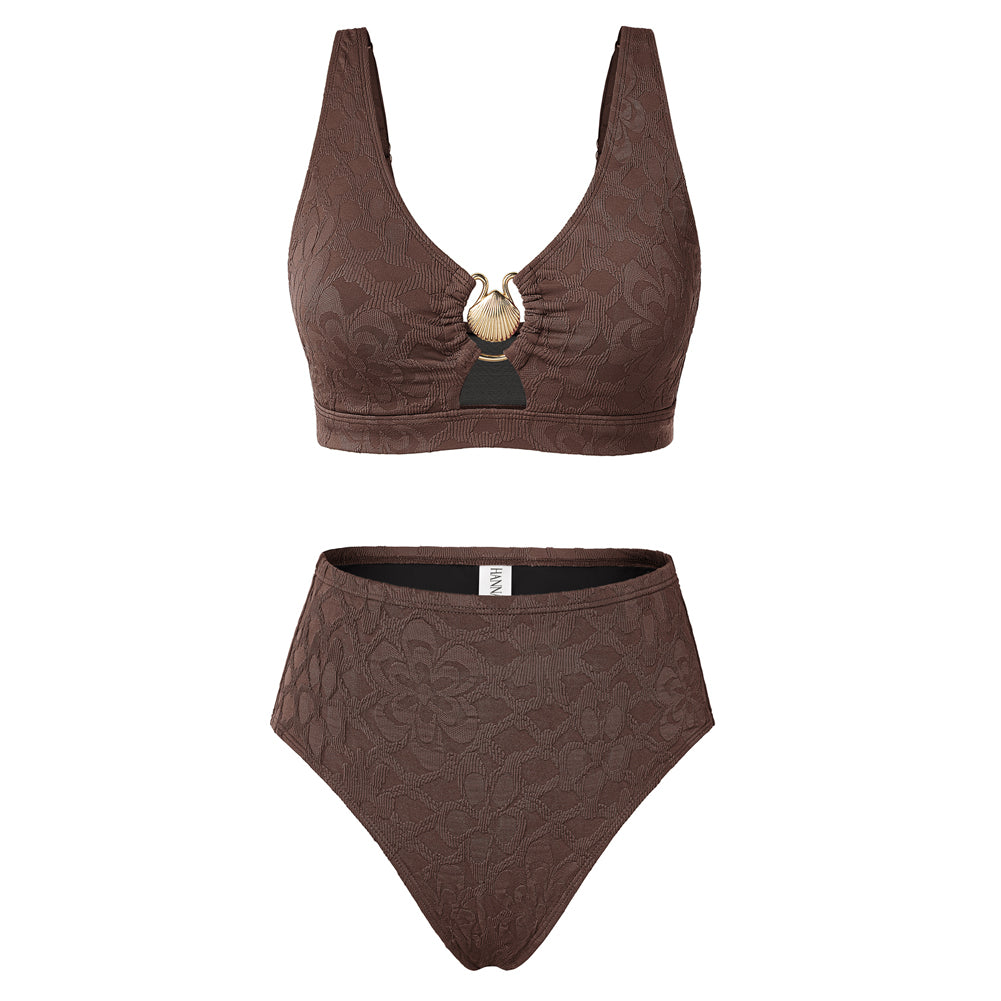 Hanna Nikole Women High Waisted Bikini Sets, 2 Piece Swimsuits Tummy Control, Textured Bathing Suit, Metal Cutout Swimwear