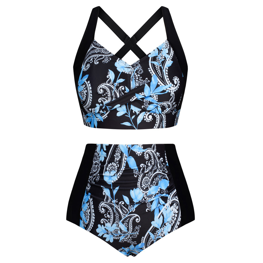 HN Women Contrast Color Swimsuit Knotted Bodice Padded Swim Tops+Ruched Briefs