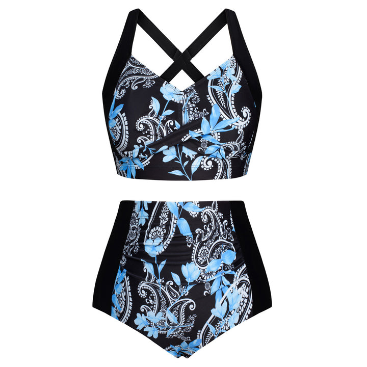 HN Women Contrast Color Swimsuit Knotted Bodice Padded Swim Tops+Ruched Briefs