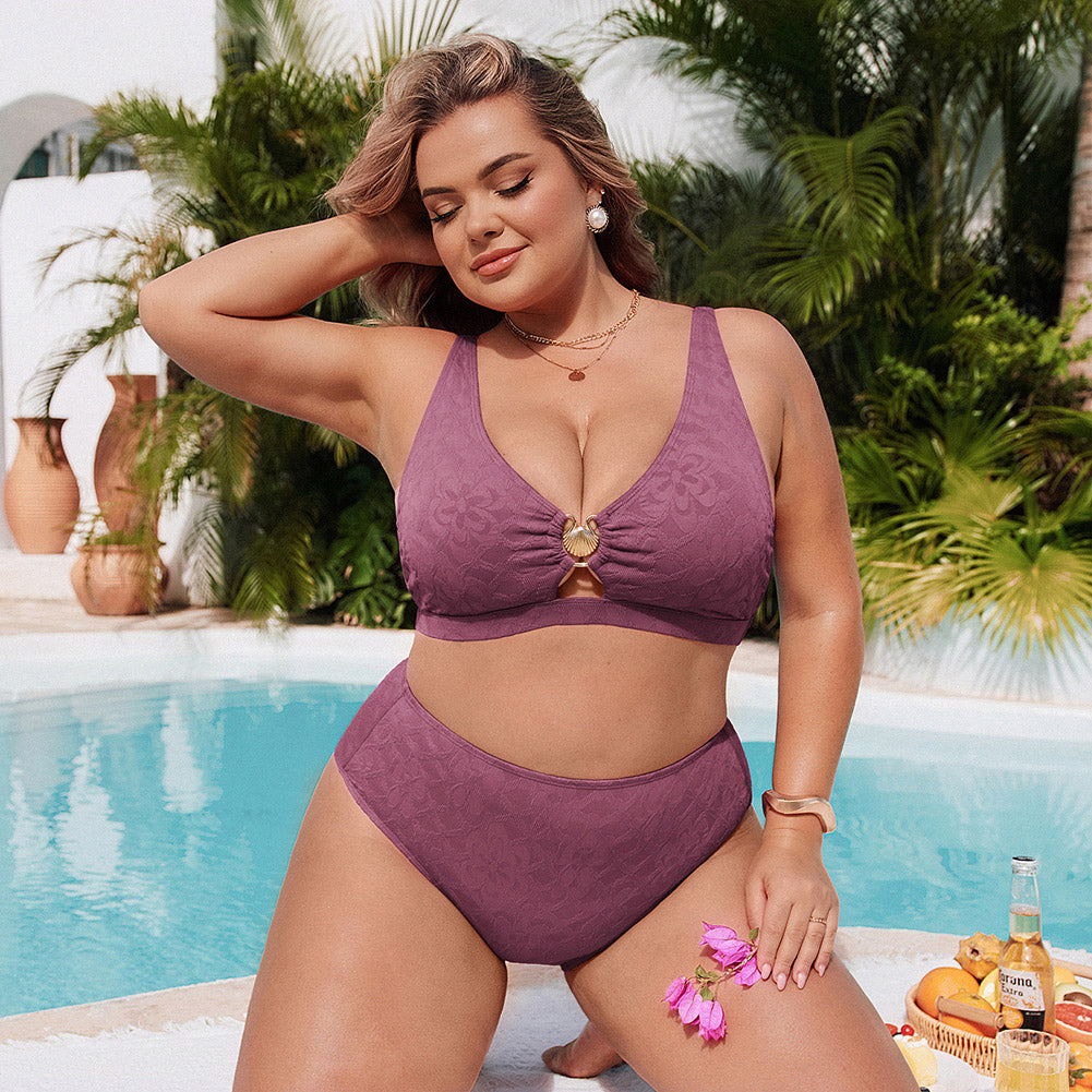 Hanna Nikole Women High Waisted Bikini Sets, 2 Piece Swimsuits Tummy Control, Textured Bathing Suit, Metal Cutout Swimwear