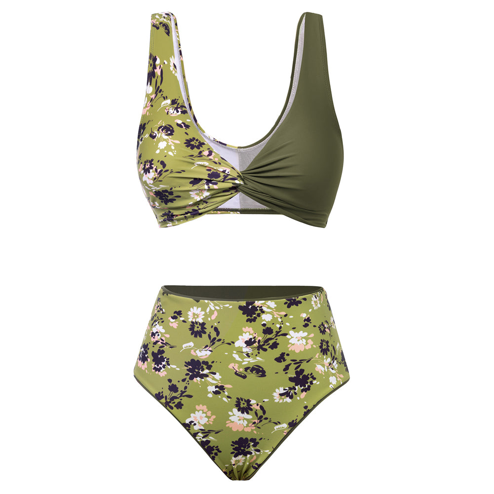 Hanna Nikole High Waisted Bikini Sets for Women, Color Block Swimsuits, Deep V Twist Front Bikini Top + Reversible Bottom