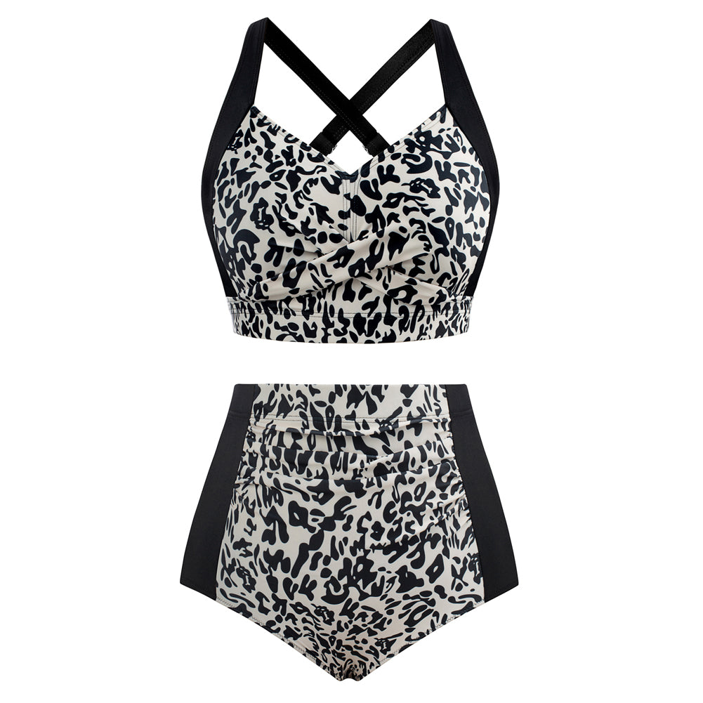 HN Women Contrast Color Swimsuit Knotted Bodice Padded Swim Tops+Ruched Briefs