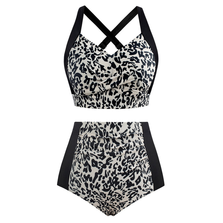 HN Women Contrast Color Swimsuit Knotted Bodice Padded Swim Tops+Ruched Briefs