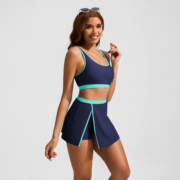 HN Women 2pcs Set Swimsuit U-Neck Padded Swim Tops+Elastic Waist Skirt Swimwear