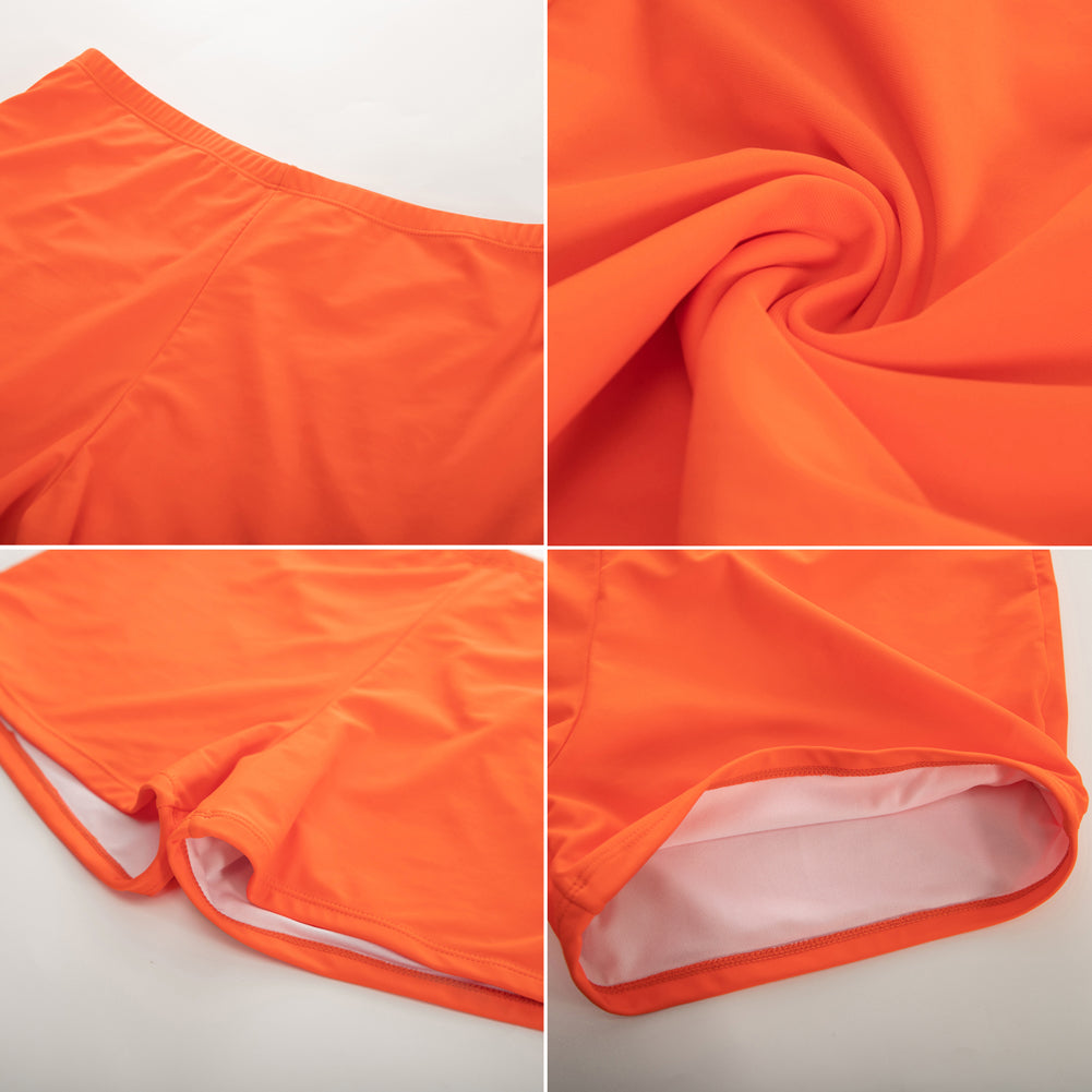 HN Women Plus Size 2pcs Set Swimsuit V-Neck Padded Swim Dress+Briefs Swimwear - Hanna Nikole#color_orange-floral-green-leaves