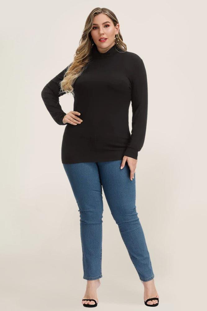 HN Women's Plus Size Comfy Solid Color Long Sleeve Mock Neck Basic Rayon Tops - Hanna Nikole