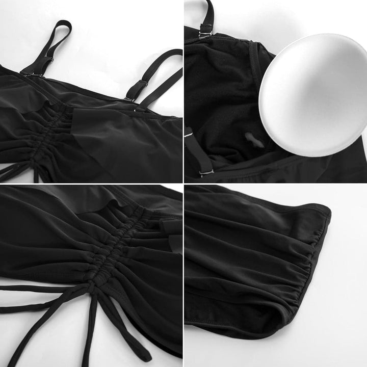 HN Women Plus Size 2pcs Set Swimsuit Padded Swim Tops+High Waist Ruched Briefs - Hanna Nikole#color_black