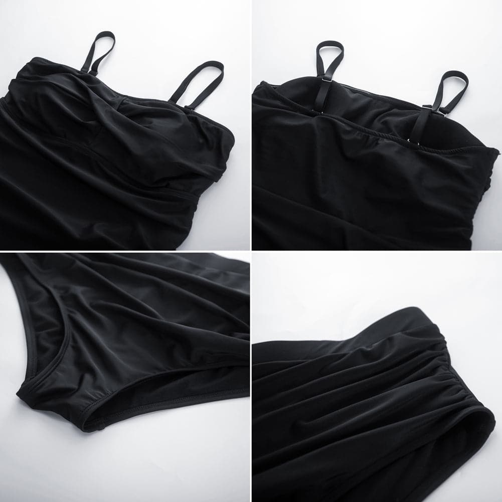 HN Women Plus Size 2pcs Set Swimsuit Ruffled Hem Padded Swim Dress+Briefs - Hanna Nikole#color_black