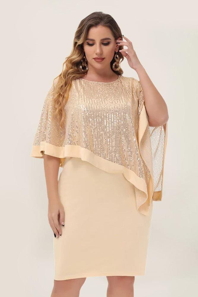 Apricot Sequined Capelet Decorated Scoop Neck Bodycon Dress - Hanna Nikole