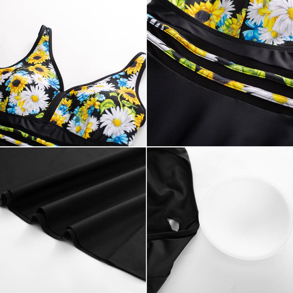 HN Women Plus Size 2pcs Set Swimsuit V-Neck Padded A-Line Tops+Boxer Briefs - Hanna Nikole#color_sunflower