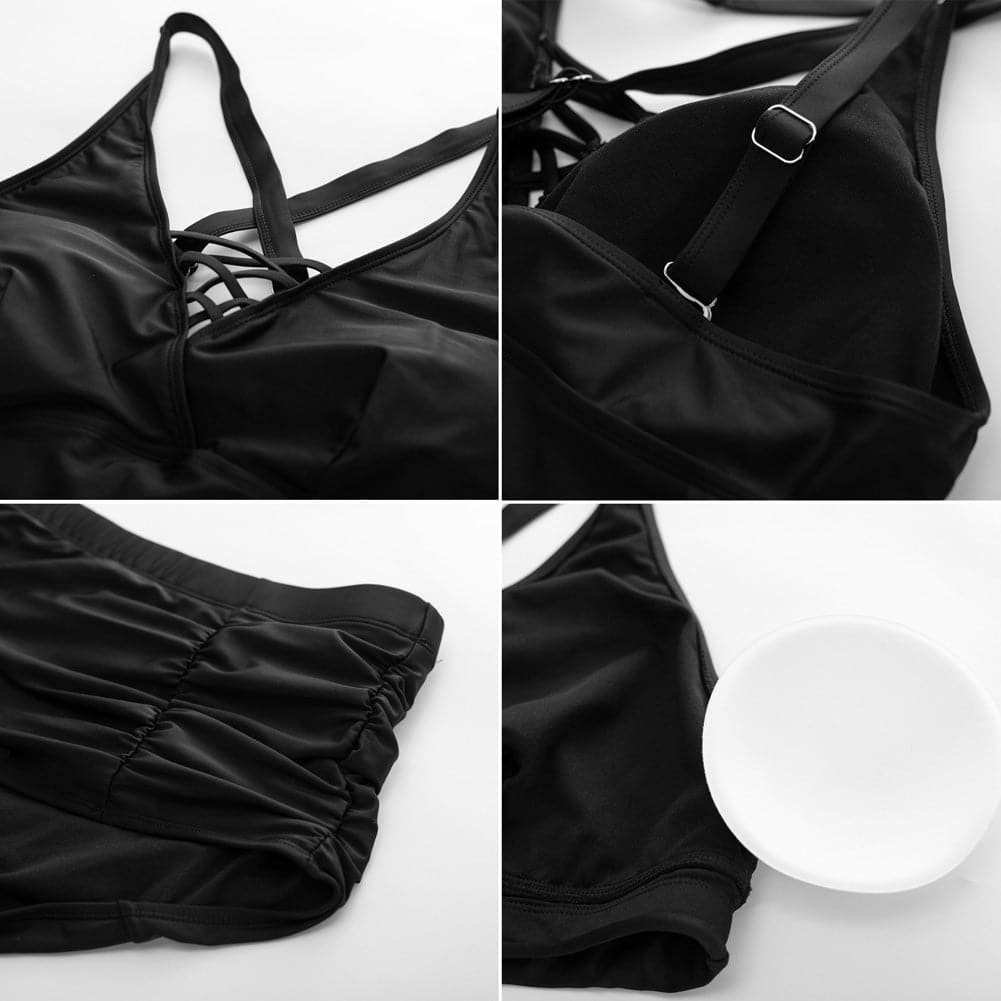 HN Women Plus Size 2pcs Set Swimsuit Cross Back Padded Tops+Ruched Briefs - Hanna Nikole