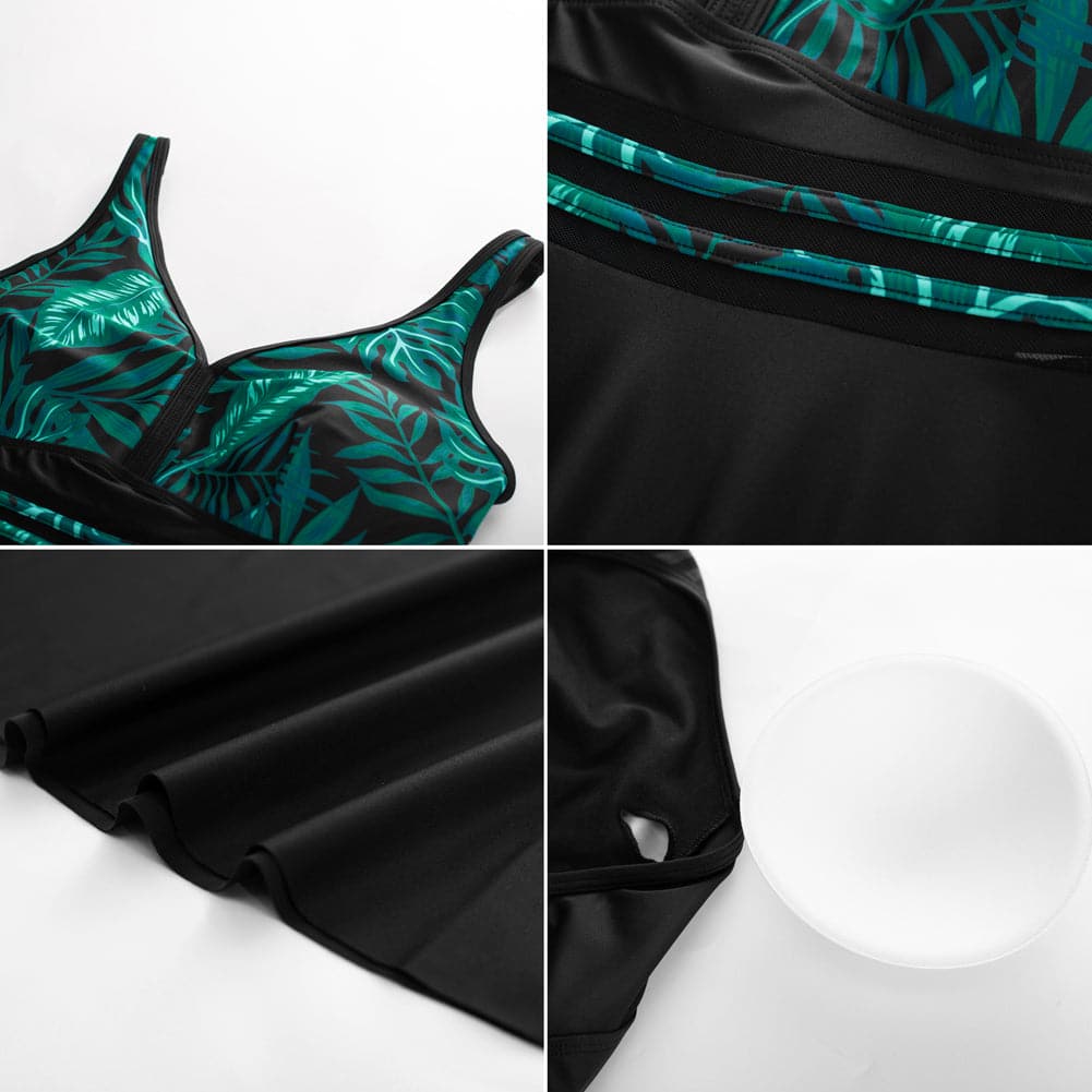 HN Women Plus Size 2pcs Set Swimsuit V-Neck Padded A-Line Tops+Boxer Briefs - Hanna Nikole#color_green-leaf