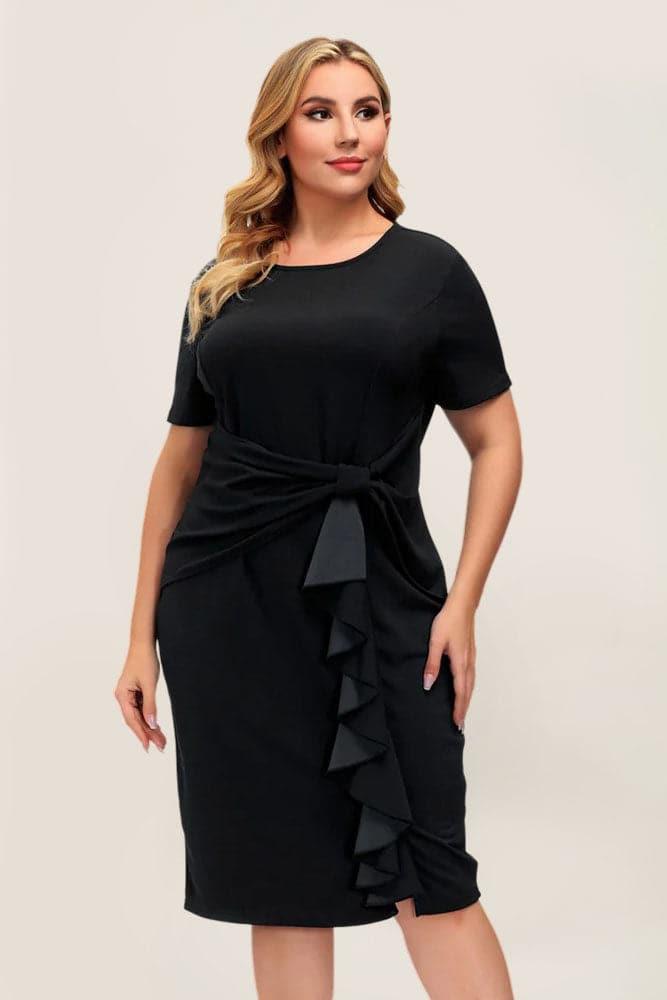 HN Women Plus Size Ruffle Decorated Bodycon Dress Short Sleeve Crew Neck - Hanna Nikole