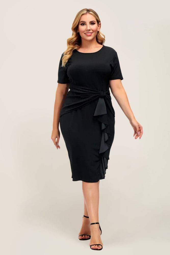 HN Women Plus Size Ruffle Decorated Bodycon Dress Short Sleeve Crew Neck - Hanna Nikole