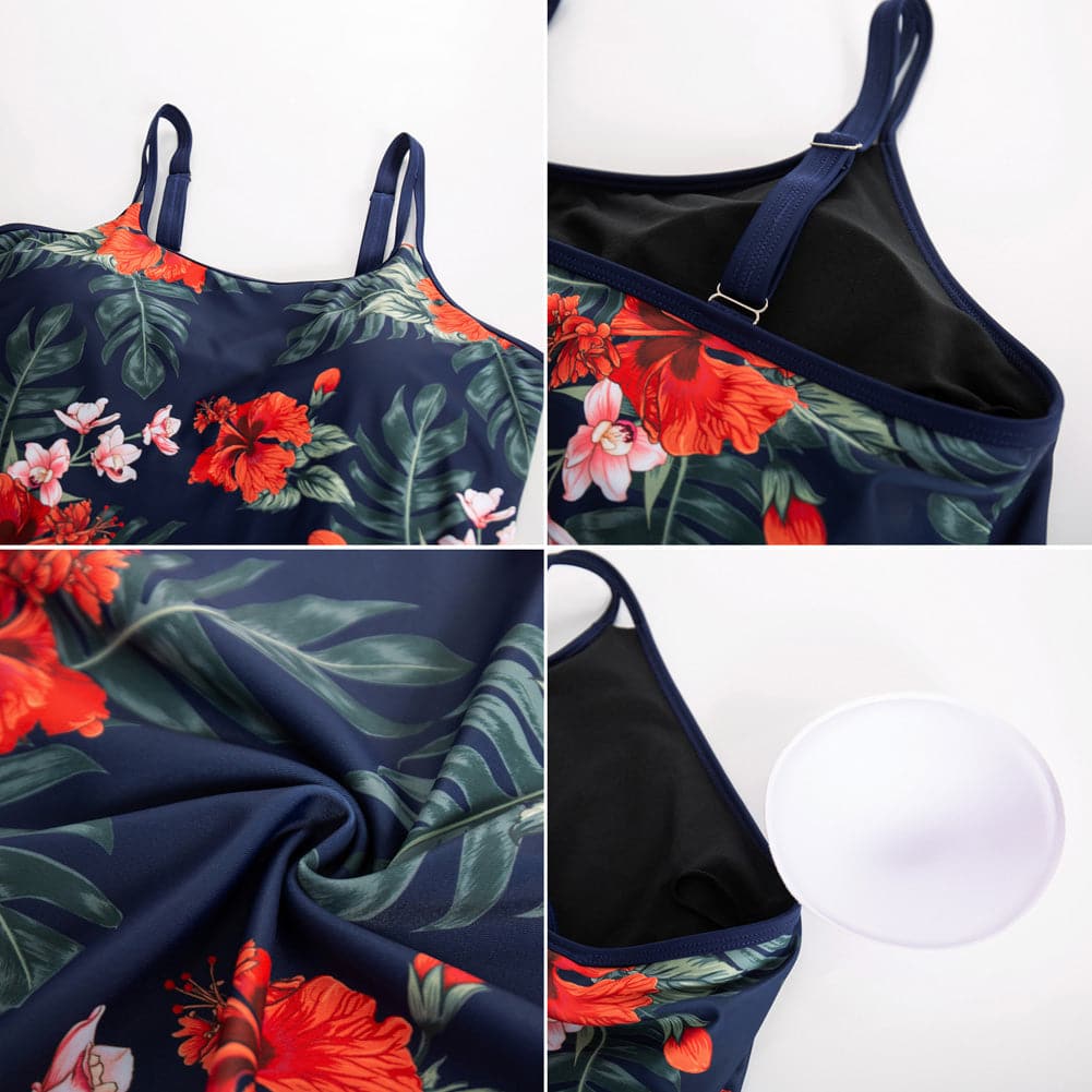 HN Women Plus Size 2pcs Set Swimsuit Tankini A-Line Padded Tops+Briefs Swimwear - Hanna Nikole#color_navy-blue-flower