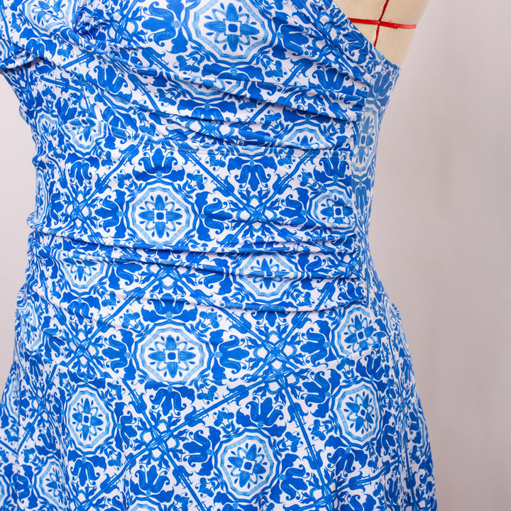 HN Women Plus Size Knotted Bodice Swim Dress with Attached Briefs Swimwear - Hanna Nikole#color_blue-white-porcelain