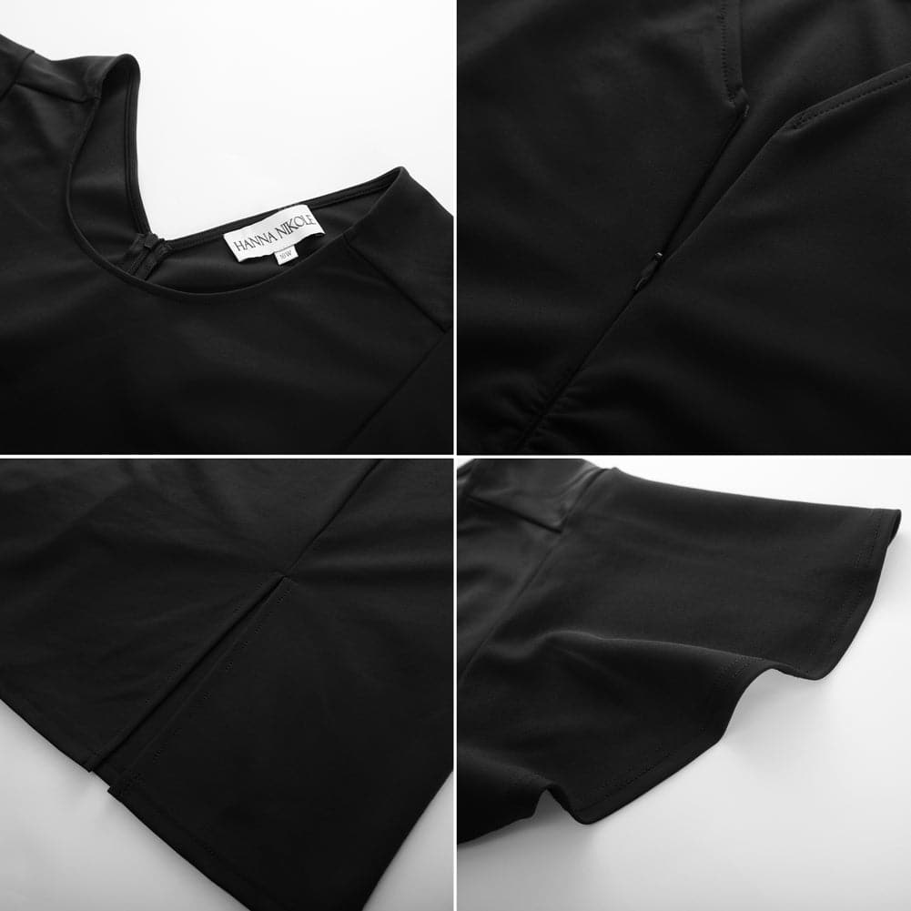 HN Women Plus Size Ruched Dress Short Sleeve Crew Neck Straight Midi Dress - Hanna Nikole#color_black