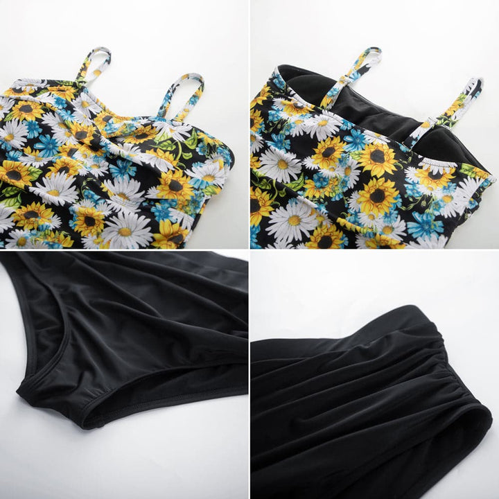 HN Women Plus Size 2pcs Set Swimsuit Ruffled Hem Padded Swim Dress+Briefs - Hanna Nikole#color_daisy