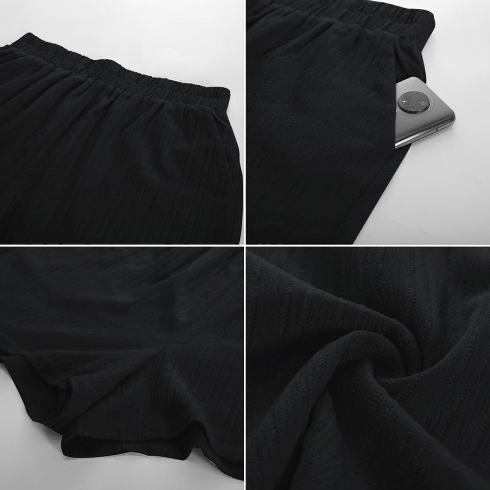 HN Women Plus Size Casual Outfits Short Sleeve Lapel Collar Tops+Wide Leg Shorts - Hanna Nikole#color_black