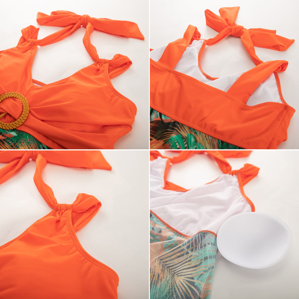 HN Women Plus Size 2pcs Set Swimsuit V-Neck Padded Swim Dress+Briefs Swimwear - Hanna Nikole#color_orange-floral-green-leaves